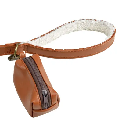 Laisse en similicuir et bouclette avec distributeur de sacs - Cognac