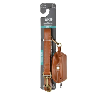 Laisse en similicuir et bouclette avec distributeur de sacs - Cognac