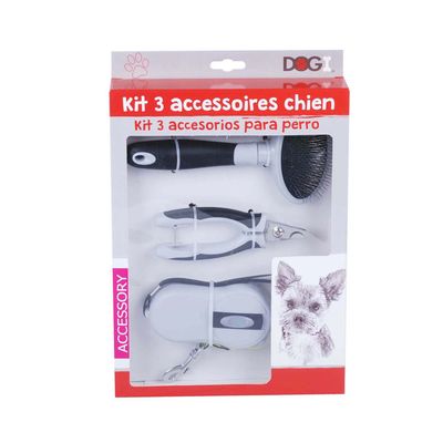 Accessoires de toilettage pour chien - Brosse, coupe-ongle et laisse