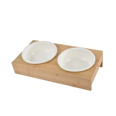 Gamelle double en céramique et bambou pour chien et chat - Diam 16 cm Gamelle double en céramique et bambou pour chien et chat - Diam 16 cm