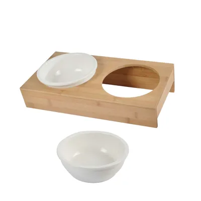 Gamelle double en céramique et bambou pour chien et chat - Diam 16 cm