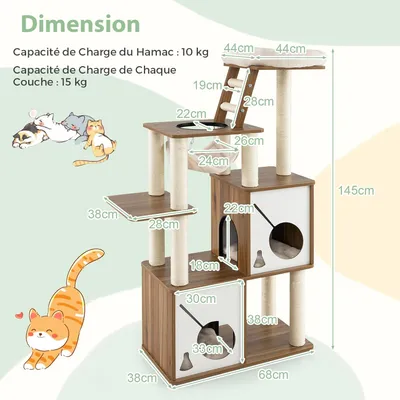Giantex Arbre à Chat 145cm en Bois,Griffoirs Recouverts de Sisal,2 Condos