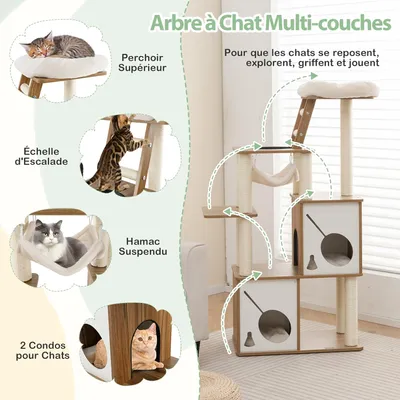Giantex Arbre à Chat 145cm en Bois,Griffoirs Recouverts de Sisal,2 Condos