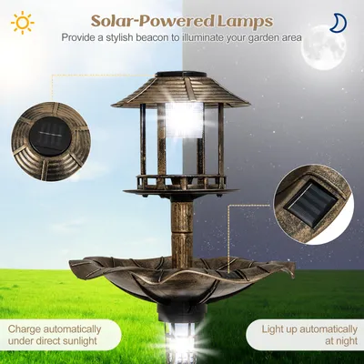 Giantex Vogelbad Auf Ständer, 2 Solarlampen, Nachfüllbarer Behälter