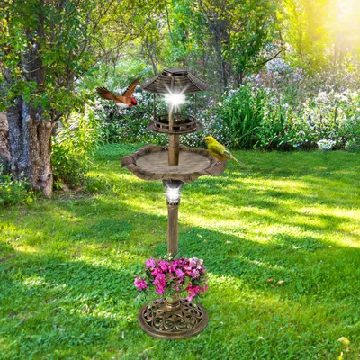 Giantex Vogelbad Auf Ständer, 2 Solarlampen, Nachfüllbarer Behälter