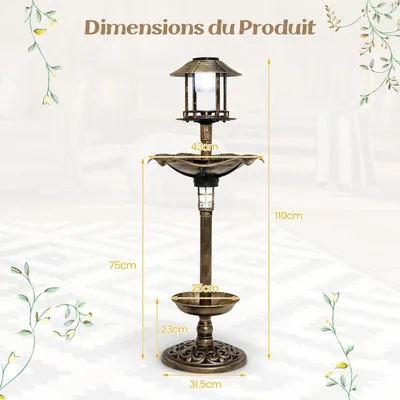 Giantex Bain d'oiseaux sur Pied,2 Lampes Solaire,Support Remplissable