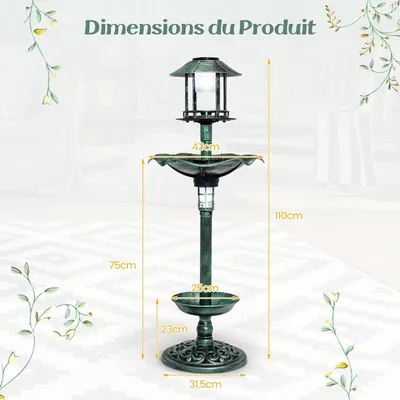 Giantex Bain d'oiseaux sur Pied,2 Lampes Solaire,Support Remplissable