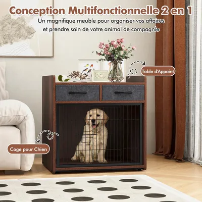 Giantex Caisse pour Chien en Bois,2 Tiroirs en Tissu,Porte Verrouillable