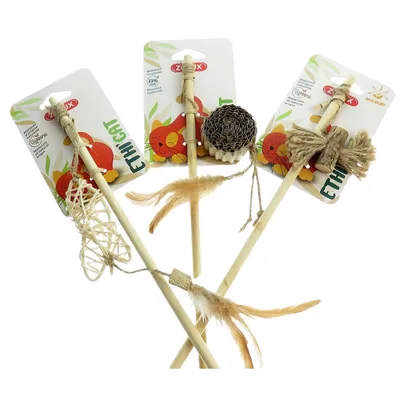 animallparadise - 3 cannes à pêche en bambou, jouet rotin, Matatabi et cart