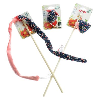 2 canne à pêche et 1 souris tissu fleur rose, jouet pour chat