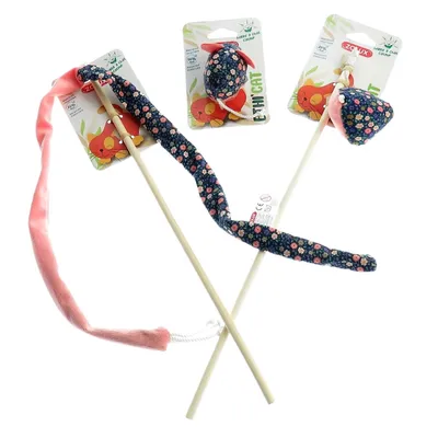2 canne à pêche et 1 souris tissu fleur rose, jouet pour chat