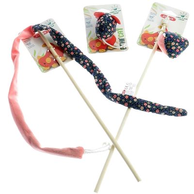 2 canne à pêche et 1 souris tissu fleur rose, jouet pour chat
