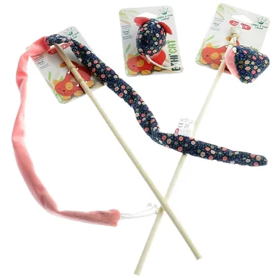 2 canne à pêche et 1 souris tissu fleur rose, jouet pour chat