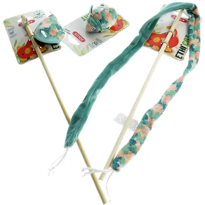 2 canne à pêche et 1 souris tissu feuille vert, jouet pour chat
