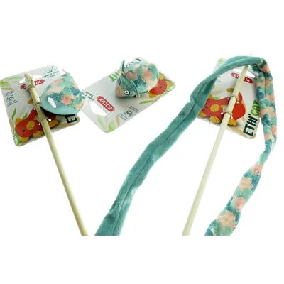 2 canne à pêche et 1 souris tissu feuille vert, jouet pour chat