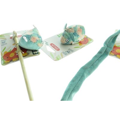 2 canne à pêche et 1 souris tissu feuille vert, jouet pour chat