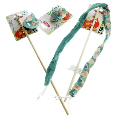 2 canne à pêche et 1 souris tissu feuille vert, jouet pour chat