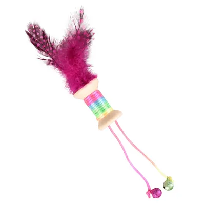 Jouet 1 bobine en bois avec plume, grelot 18 x 3 cm. jouet pour chat. coule