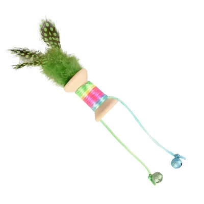 Jouet 1 bobine en bois avec plume, grelot 18 x 3 cm. jouet pour chat. coule