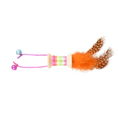 Jouet 1 bobine en bois avec plume, grelot 18 x 3 cm. jouet pour chat. coule