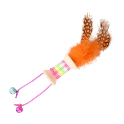 Jouet 1 bobine en bois avec plume, grelot 18 x 3 cm. jouet pour chat. coule