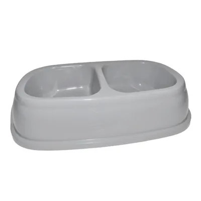 Ecuelle double bol 2 x 400 ml, gris en plastique, pour chien