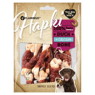 Friandise os de calcium avec canard Hapki BBQ pour chien 170 g sans gluten.