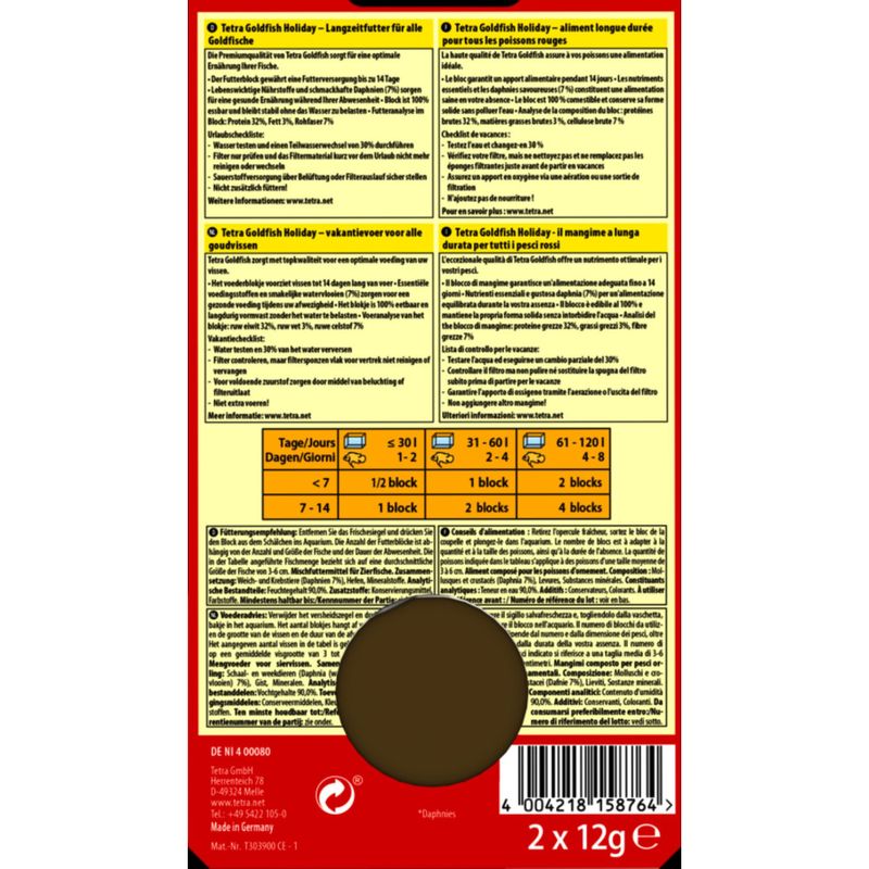 Tetra - Goldfish bloc vacances  2 x 12 g. Aliment gélifié pour les poissons