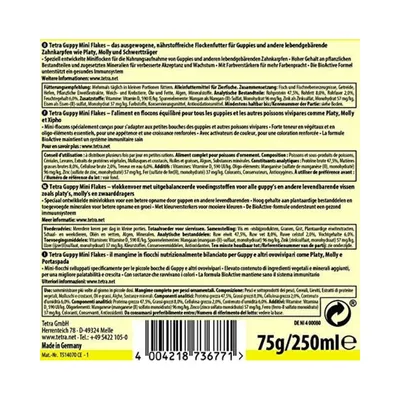 Guppy mini flocons 75g - 250 ml Aliment pour les Guppies, platys, mollys, p