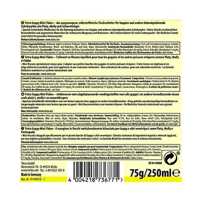 Tetra - Guppy mini flocons 75g - 250 ml Aliment pour les Guppies, platys, m