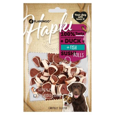 Friandise canard et poisson rouleaux de sushi Hapki BBQ pour chien 85 g san