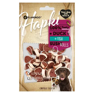 Friandise canard et poisson rouleaux de sushi Hapki BBQ pour chien 85 g san