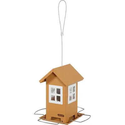 Mangeoire maisonnette orange 4 fenêtres, pour graines oiseaux.