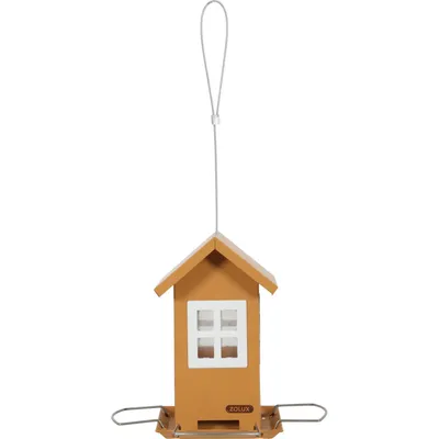 Mangeoire maisonnette orange 4 fenêtres, pour graines oiseaux.