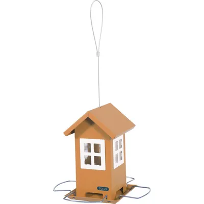 Mangeoire maisonnette orange 4 fenêtres, pour graines oiseaux.
