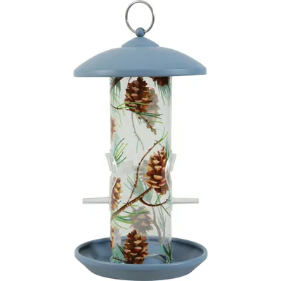 Mangeoire silo en plastique avec 2 perchoirs décorée  pour oiseaux