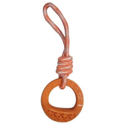 Jeux pour chien rond en TPR et corde 25 cm  couleur orange Samba.