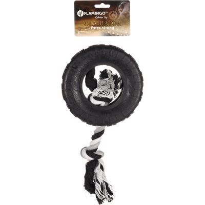Jouet pour chien caoutchouc Gladiator pneu + corde 20 cm  – Flamingo