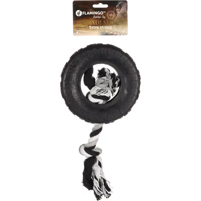 Jouet pour chien caoutchouc Gladiator pneu + corde 20 cm  – Flamingo