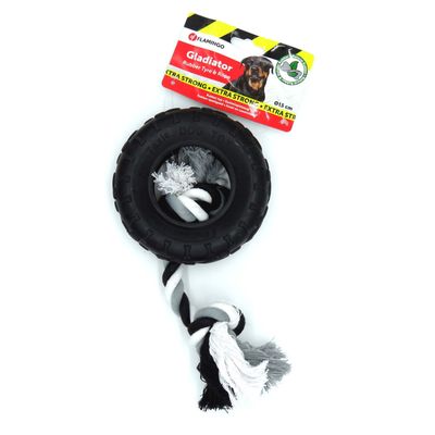 Flamingo - jouet caoutchouc gladiator pneu et corde 15 cm  pour chien