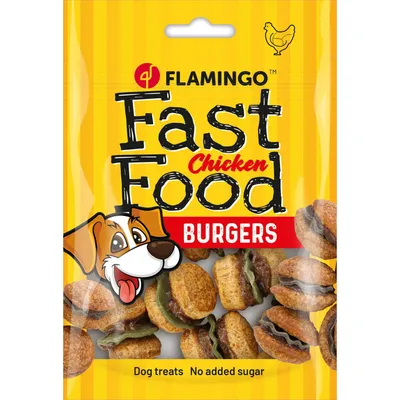 Flamingo - Friandises Fast Food Mini hamburger avec poulet 112 g pour chien Flamingo - Friandises Fast Food Mini hamburger avec poulet 112 g pour chien