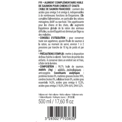 Huile de Saumon Pour chiens et chats, flacon de 500 ml
