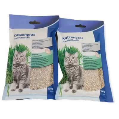 Un lot de deux sachets d'herbe à chat, orges 100gx2