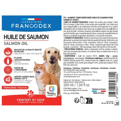 Huile de Saumon Pour chiens et chats, flacon de 200 ml