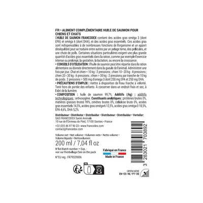 Huile de Saumon Pour chiens et chats, flacon de 200 ml