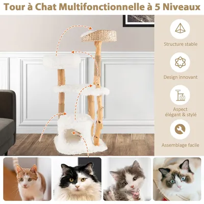 Giantex Arbre à Chat en Bois Massif 124CM 5 Niveaux,Perchoir,Condo,Griffoir