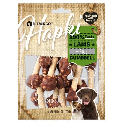 Flamingo - Friandise riz et agneau  haltère Hapki BBQ pour chien 150 g