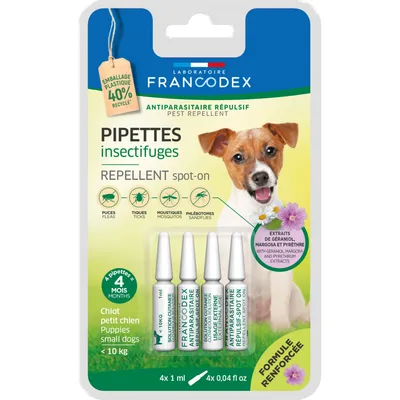 Francodex - 4 Pipettes Insectifuges Chiots, petits Chiens de moins de 10 kg Francodex - 4 Pipettes Insectifuges Chiots, petits Chiens de moins de 10 kg