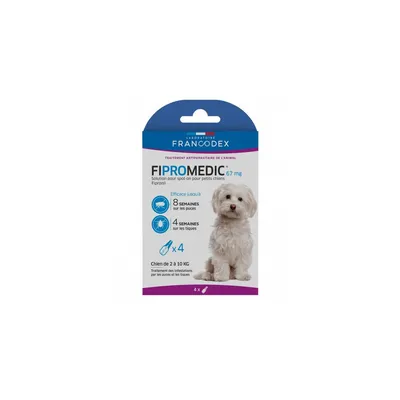 4 Pipettes Fipromedic 67 mg antiparasitaire Pour Petits Chiens de 2 kg à 10 4 Pipettes Fipromedic 67 mg antiparasitaire Pour Petits Chiens de 2 kg à 10