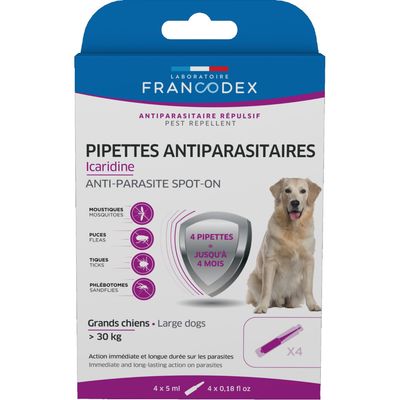 4 Pipettes Antiparasitaires Icaridine pour chien plus de 30 kg